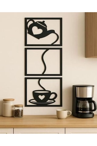 Dekoratif Çaydanlık Ve Fincan Temalı 3 Lü Ahşap Duvar Tablosu İç Dekorasyon