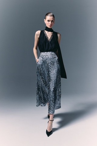 Sateen Leopar Desenli Uzun Etek - Siyah-136781 Siyah