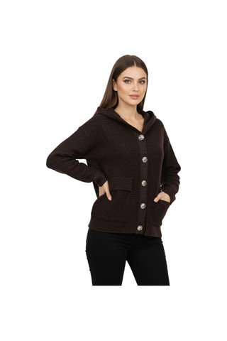Lavella Kadın Kapüşonlu Spor Düğmeli Triko Torba Cep Sakallı Hırka Bgl-st05074 Kahve