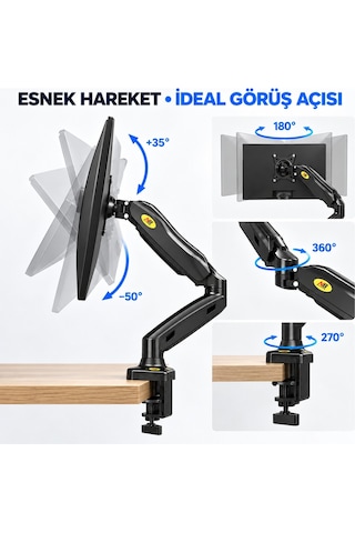 Nb F80 17-27 İnç Gazlı Amortisörlü Monitör Kolu Hareketli Masa Montaj Aparatı Siyah