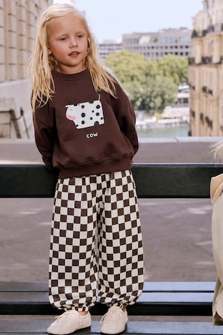 Monila Unisex Çocuk İnek Baskılı Kahverengi Sweatshirt Ve Dama Baskılı Eşofman Takım