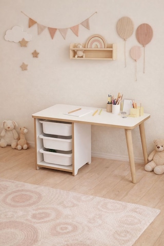 Çocuk Masası 90x45 Cm 3 Sepetli Çocuk Çalışma Masası Aktivite Masası Yaz-sil Beyaz