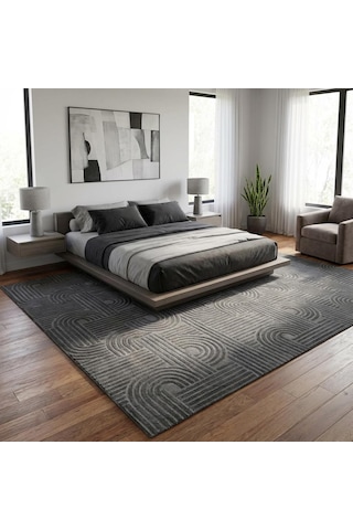 Koyu Gri Modern Geometrik Desenli Dijital Baskılı Kaymaz Tabanlı Yıkanabilir Antibakteriyel Halı Koyu Gri