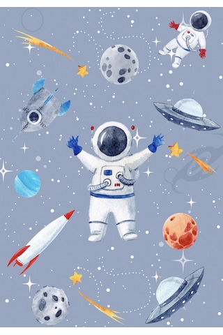 Dijital Baskılı Dekoratif Kaymaz Taban Yıkanabilir Uzay Temalı Modern Çocuk Halısı Gri