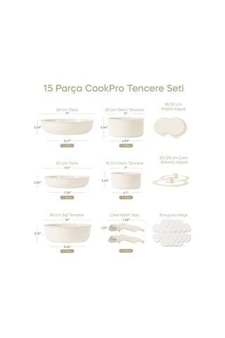 Cookpro Beige 15 Parça Ayrılabilen Saplı Iç Içe Geçebilen Indüksiyonlu Seramik Kaplama Tencere Seti Beıge Bej