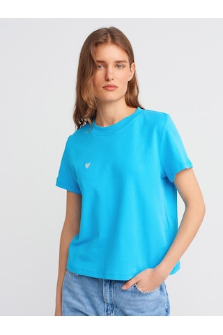 Dilvin 30584 Bisiklet Yaka Pamuklu T-shirt-turkuaz Turkuaz