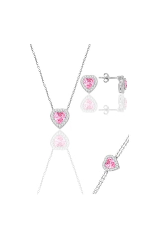 Gümüş Rodyumlu Pembe Taşlı Pırlanta Modeli Kalp Kolye, Küpe, Bileklik Üçlü Set