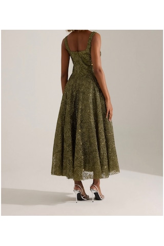 Uzer Abiye Işıltılı Sim Baskılı Jacquard Dokulu Kare Yaka Couture Premium Abiye Elbise,düğün Albisesi Haki