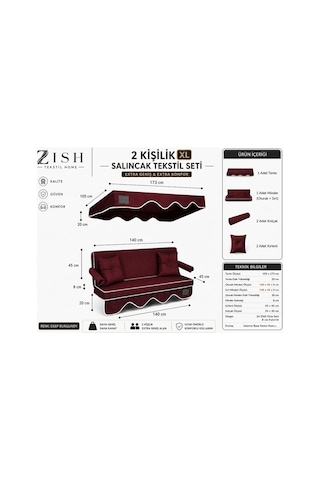 Zishtekstil Keten Kumaş Süngerli Gölgelikli 2 Kişilik Salıncak Minderi 8 Cm Bordo
