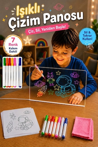 Nvg 12 İnç Led Işıklı Çizim Tahtası 20x30 Cm Usb Beslemeli Yazı Panosu Ayarlanabilir Stant 7 Renk Kalem Hediyeli Eğitici Oyuncak Şeffaf
