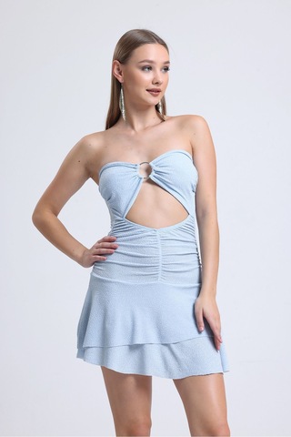 Buz Mavisi Önden Halkalı Bel Kısmı Açık Cift Kat Kloş Etekli Party Elbisesi Buz Mavisi