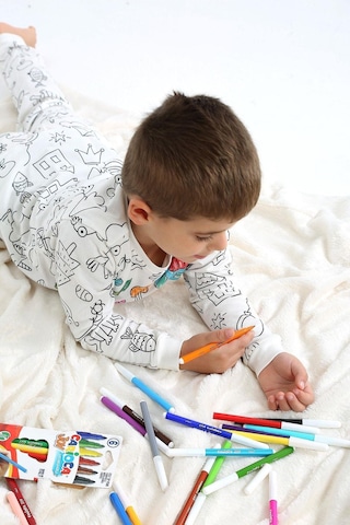 Cantoy Uzun Kollu Kalem Hediye Boyanabilir Erkek Kız Çocuk Pijama Takımı Yıkama Sonrası Leke Bırakmaz Beyaz