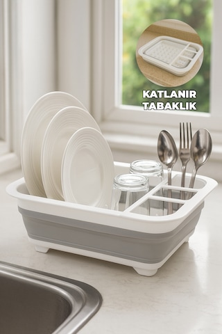 Katlanabilir Bulaşıklık Tabaklık - Bardak Çatal Kaşık - Delikli Su Tutmaz - Kamp Bulaşıklığı Beyaz Gri