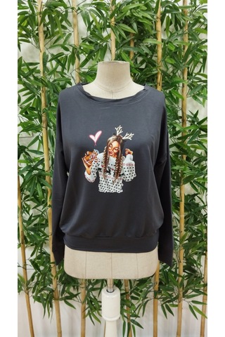 Nnstartshopping Kadın Uzun Kollu Bisiklet Yaka Desenli Viskon Iki Iplik Bluz Antrasit