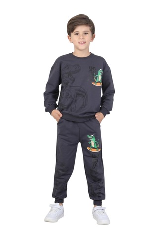 Erdem Kıds Erkek Çocuk Dinozor Baskılı Pijama Takımı İki İplik Eşofman Takımı Okul İkili Takım Füme Füme