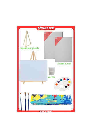 Resim - Boya Seti - Mini Masa Şövalesi, 2 Adet Tuval, Resim Verniği, Akrilik Boya, Palet, Şövalye 070 Çok Renkli