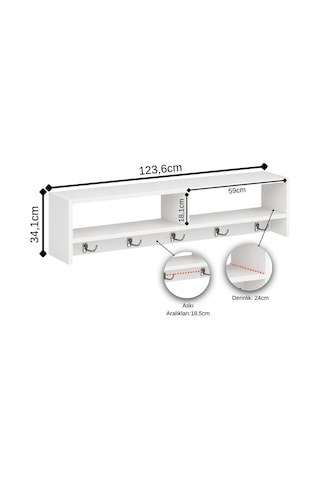 Aeka Ae-7001 Ardıç Beyaz Duvara Monte 5 Askılı 2 Bölmeli Raflı Portmanto Antre Hol Vestiyer Askılık 123,6 24 34,1 Cm Beyaz/beyaz