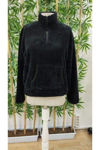 Ahes Shopping Kadın Uzun Kollu Önden Fermuarlı Cepli Peluş Sweat Siyah