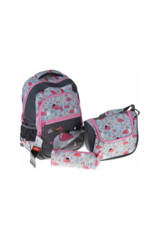 Kids Flamingo Temalı 2 Gözlü İlkokul Çantası 2 Li Set Beslenme Çantalı Çok Renkli
