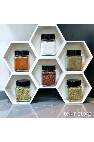 6'lı Baharatlık Takımı Ahşap Beyaz Standlı Petek Model Çift Yönlü Beyaz