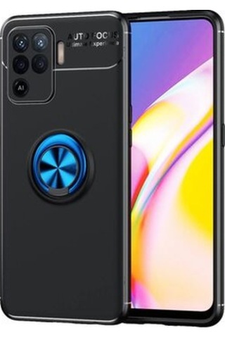 Oppo Reno 5 Lite Kılıf Yüzüğü Stant Ve Araç Tutucu Olabilen Şık Esnek Premium Silikon Kapak Ryc/ravel Siyah - Mavi