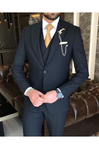İtalyan stil slim fit erkek ceket yelek pantolon takım elbise lacivert T9134-Lacivert