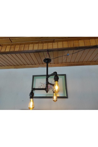 Endüstriyel Tasarım Vintage Tavan Avize Borulardan Lamba 3'li Siyah