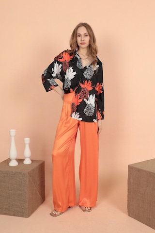 Chıcnhappy Saten Kumaş Pileli Palazzo Kadın Pantolon Orange-oranj Turuncu