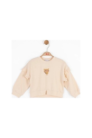 Nk Kids Kız Bebek İçi Şardonlu Oversize Baykuş Baskılı Sweatshirt-14718 Krem
