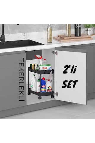 Maja 2 Adet 2 Katlı Siyah Tekerlekli Düzenleyici Mutfak Rafı Bany Siyah