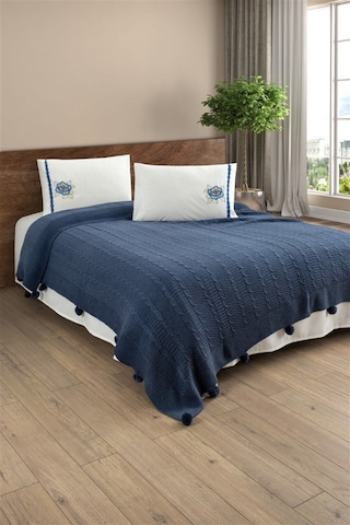 Triko Örme Nakışlı Battaniye Takımı-tivoli Rosetta Indigo