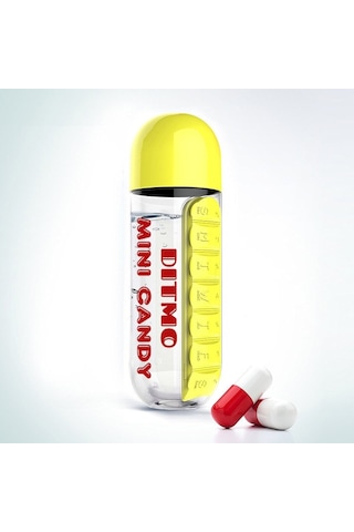 Mini Candy Kapsül Tasarımlı Haftalık İlaç Kutusu + Su Şişesi Şeffaf