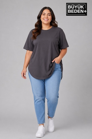 Superlife Büyük Beden Kadın Bisiklet Yaka Basic Oval Etek Detalylı 3xl-6xl Uzun Tunik Spr26btsk502 Antrasit