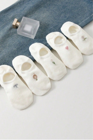 Kadın 5 Çift Premium Fiyonk Çiçek Ve Kalp Desenli Babet Çorap Seker Beyazı ASORTİ