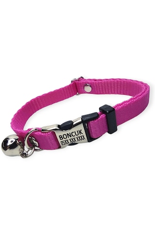 Metal Kilitli İsimli Kedi Ve Köpek Tasması, Fuşya Rengi Tasma
