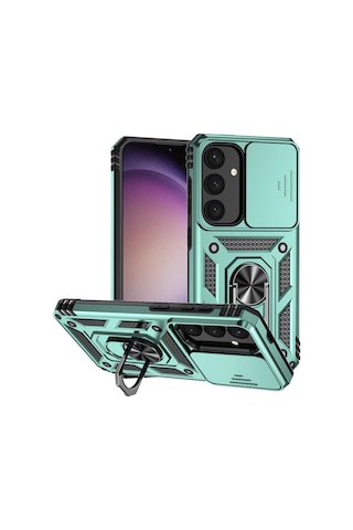 Samsung Galaxy S25 Plus Uyumlu Kamera Sürgülü Tank Kılıf Ve Temperli Cam Ekran Koruyucu Set Yeşil