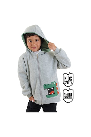 Dinozor Erkek Çocuk Fermuarlı Kapüşonlu Gri Sweatshirt