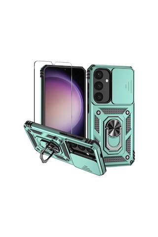 Samsung Galaxy S25 Plus Uyumlu Kamera Sürgülü Tank Kılıf Ve Temperli Cam Ekran Koruyucu Set Yeşil