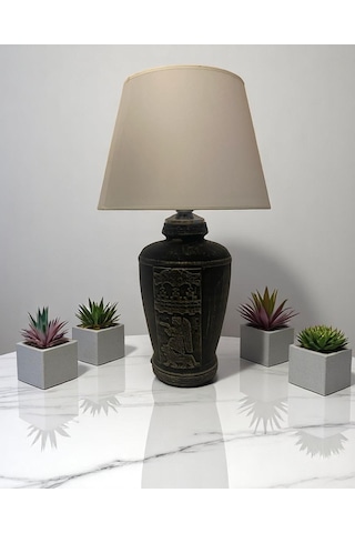 Gümüş Renk Eskitme El Yapımı Sümer Dekoratif Abajur - Beyaz Beyaz