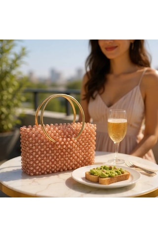 Plentiful İnci Boncuk Çanta, Abiye , Gece , Düğün, Gelin,nişan Çantası Kahverengi