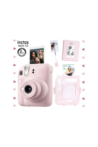 Fujifilm Instax Mini 12 Fotoğraf Makinesi + 10'lu Film + Kıskaçlı Stand + Pvc Albüm + Simli Pleksi Kılıf Seti Pembe
