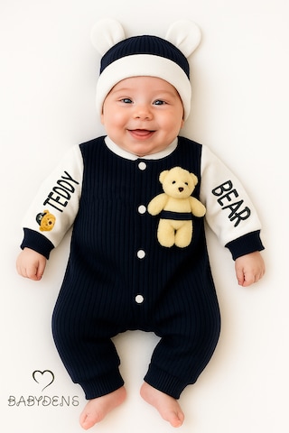 Babyden's Teddy Bear Temalı Yenidoğan Fitilli Tulum Takımı Ayıcıklı Erkek Bebek Tulum Şapka Set %100pamuk Lacivert