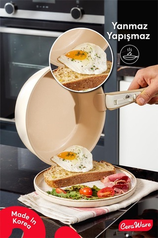 Ceraware Hona Daily 9 Parça Tak Çıkar Saplı Iç Içe Geçebilen Seramik Yapışmaz Tencere Tava Seti Bej