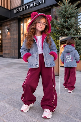 Toikids Kız Çocuk Kapüşonlu İçi Peluş Kürklü Kot Mont Kaban / Tek Parça Fuşya