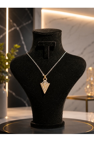 Premium 316l Zirkon Taşlı Işıltılı Üçgen Kolye Altın - Gümüş