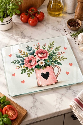 Gökçeoğlu Cam Kesme Tahtası Pembe Kupada Çiçek Temalı - Cam Kesme Tablası 20cm X 30cm Çok Renkli