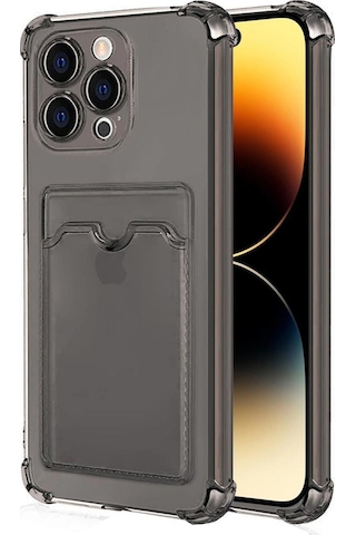 Apple Uyumlu iPhone 14 Pro Max Kılıf Darbe Emici Köşe Korumalı Kartlıklı Cüzdanlı Silikon Kapak Füme