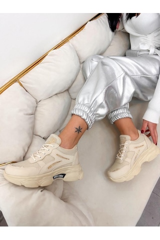 Erva'nın Butiği Bej Cilt Leo Leopar Detaylı Kadın Bağcıklı Sneakers-5201