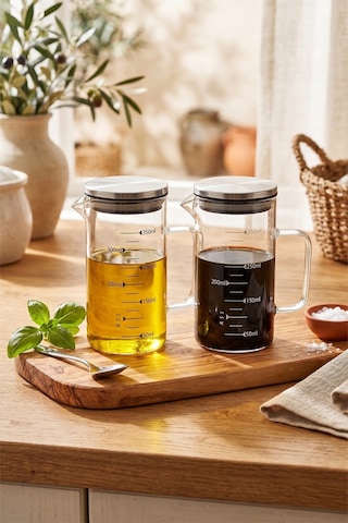 Borosilikat 2'li Cam Yağlık Ve Sirkelik Seti 350 Ml - Ölçü Çizgili - Çelik Kapak Şeffaf