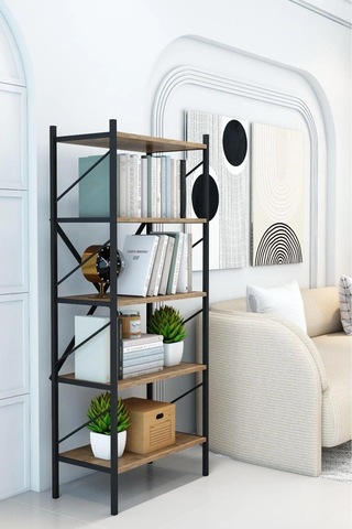 Çok Amaçlı Dolap Kitaplık 5 Katlı Metal Gövdeli Raflı Düzenleyici 60x30x150 Cm -153 Atlantik Çam